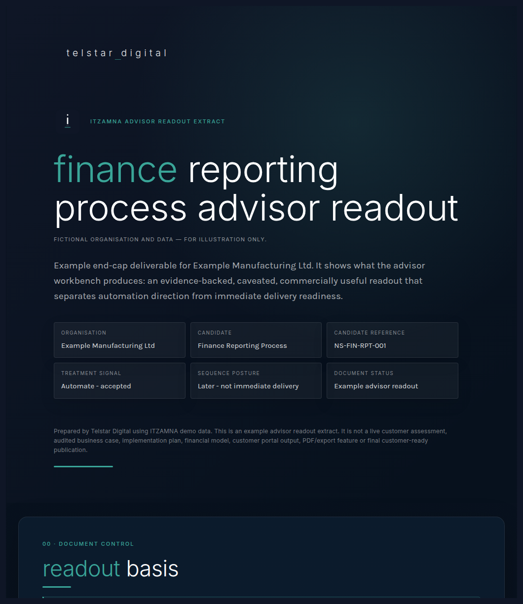 Cover of the sample advisor readout — Example Manufacturing Ltd, finance reporting process.